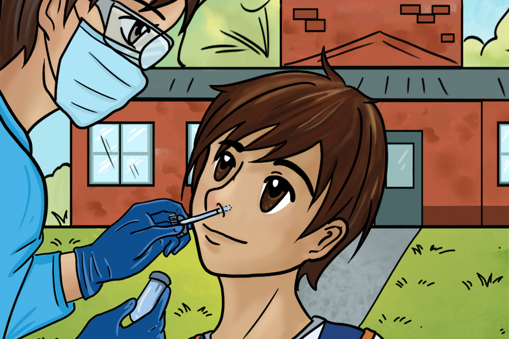 Comic book illustration of a boy being tested for COVID-19.