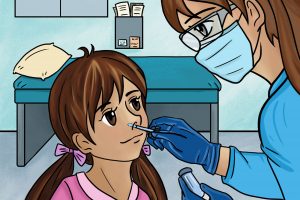 Comic book illustration of a little girl being testing for COVID-19.