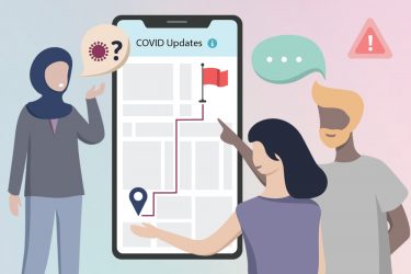 Graphic of two people helping another person understand information on a smart phone screen.