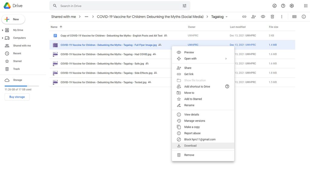 A Google Drive folder with multiple images and a Word document file. One image in the folder has been selected and a drop-down menu for the item has been opened. The option to download the image is highlighted.