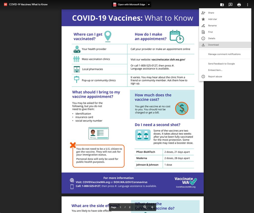 Screen capture of a PDF in Google Drive with Download selected in the drop-down menu at the top right.