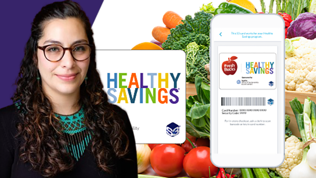 Duran next to phones showing the Fresh Bucks program on a phone with fresh vegetables layered in the background