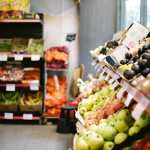 Supermarket with fruits and vegetables.