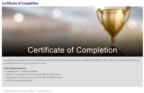 certificate of completion for PEARLS®